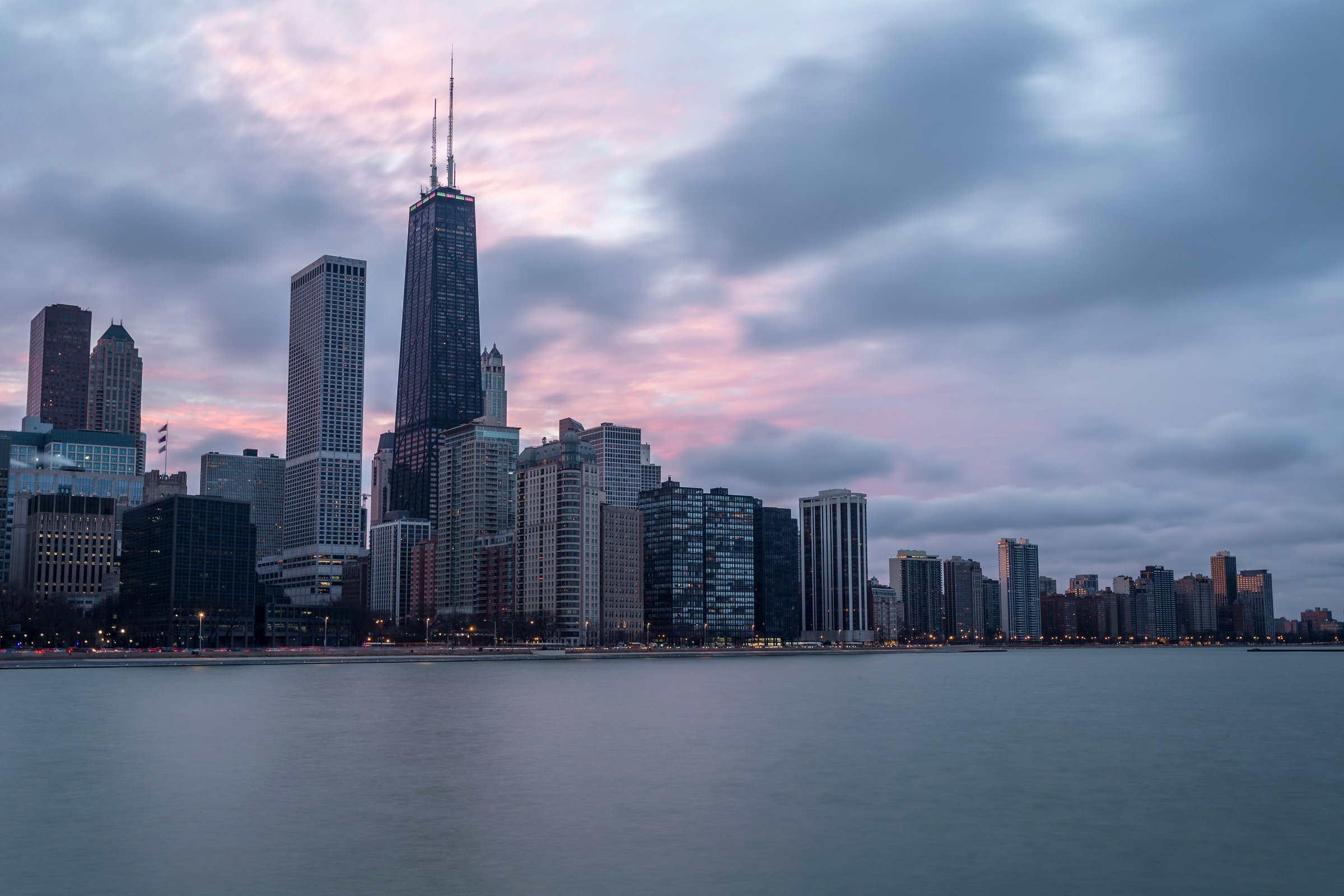 Chicago skyline at dusk with pink sky